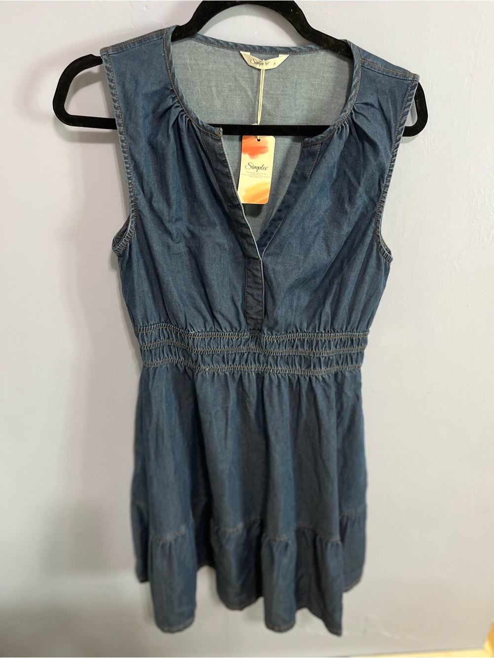 Simple Sleeveless Chambray Tunic Dress in Denim Blue